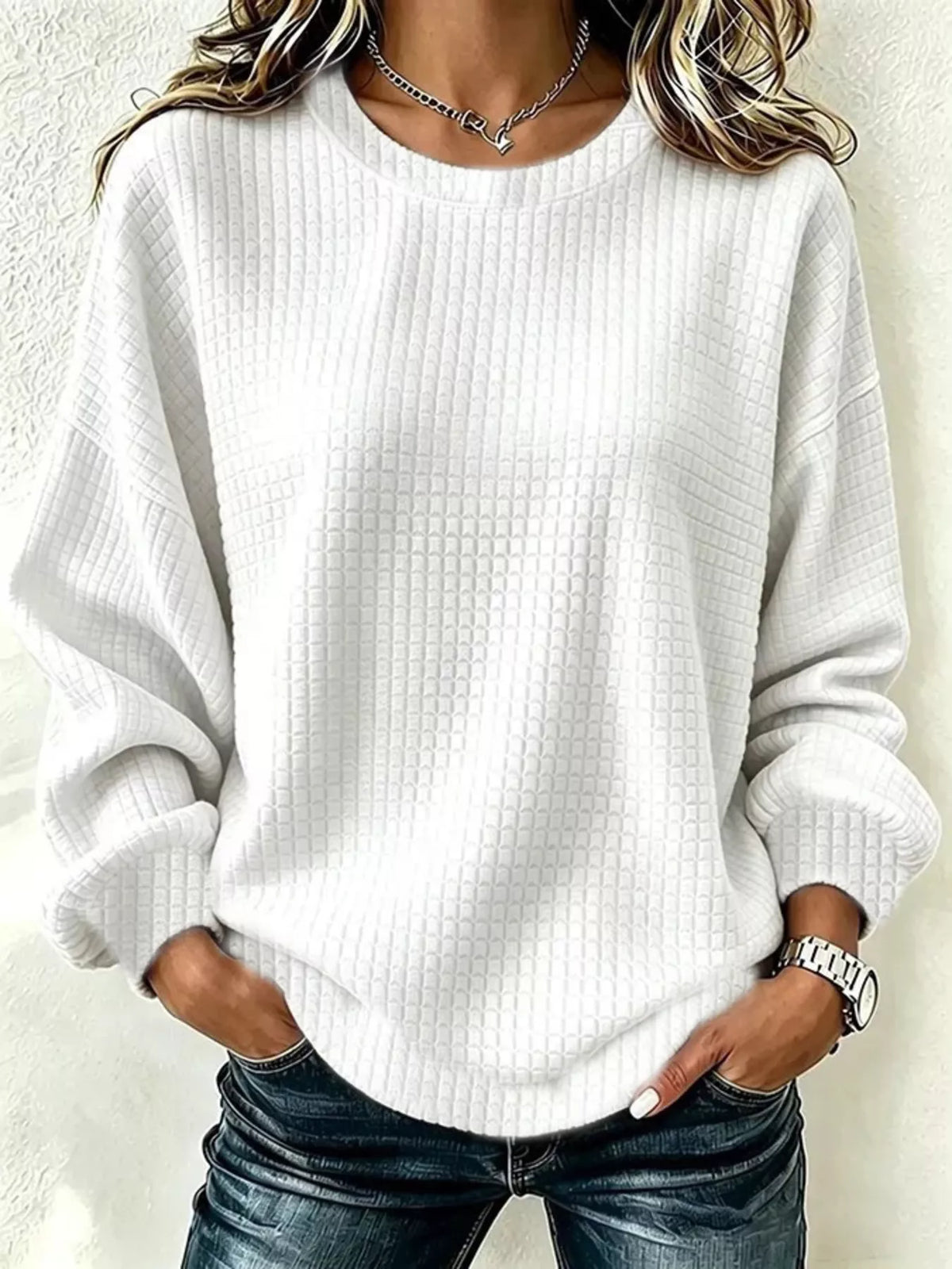 Full Size Waffle Knit Long Sleeve Crew Neck Sweatshirt Plus Size - White - View 1