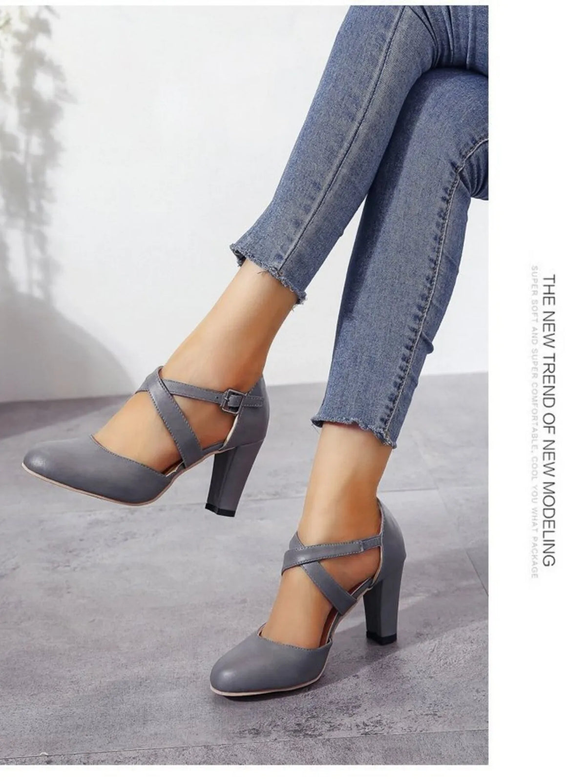 Cross-Strap Block Heel Pumps - Gray - View 6