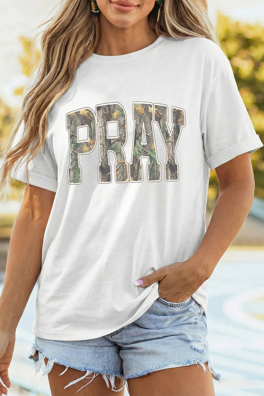 White PRAY Camo Letter Print Casual Round Neck T Shirt - White - 2