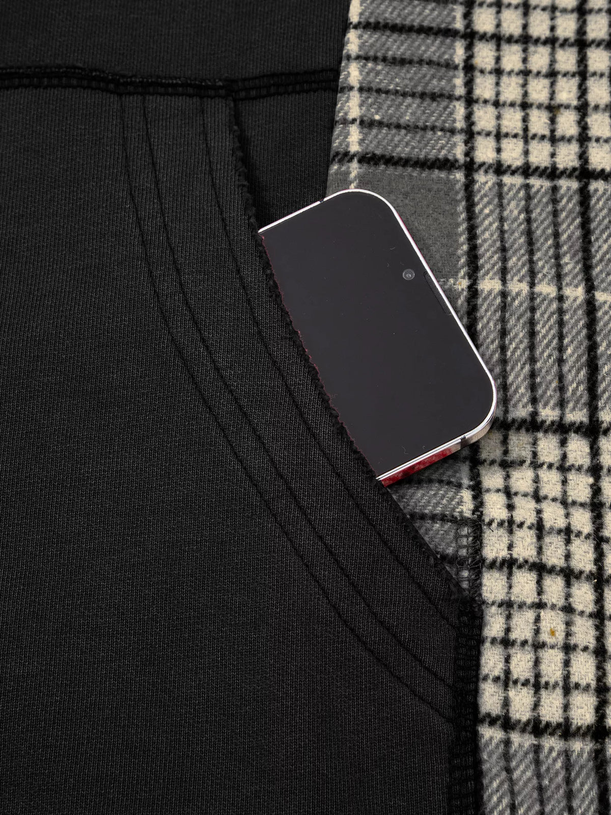 Plaid Sleeve Drawstring Pocket Hoodie - Black - View 30