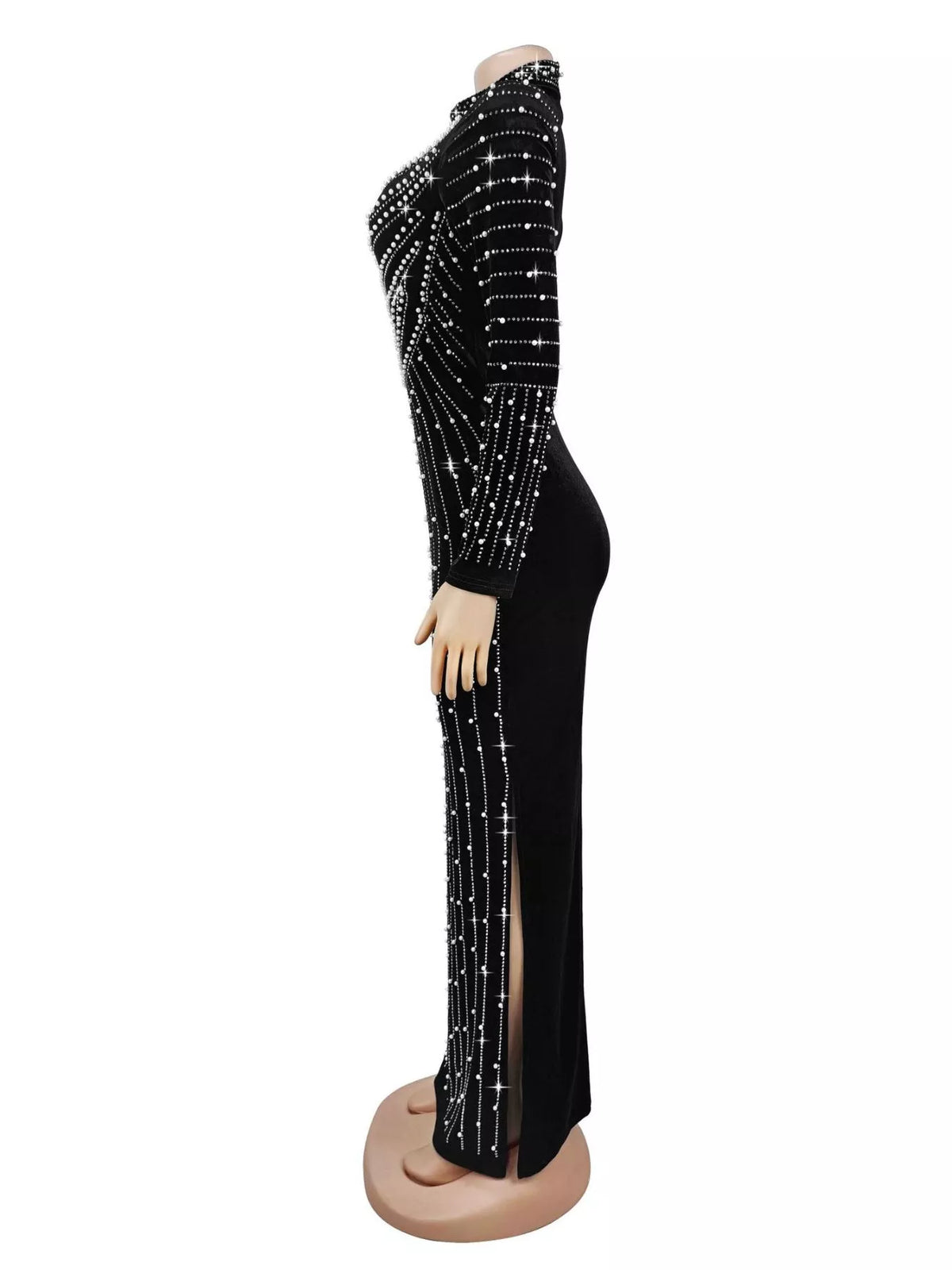 Rhinestone Embellished Mock Neck Long Sleeve Maxi Dress - Black - View 3