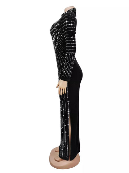 Rhinestone Embellished Mock Neck Long Sleeve Maxi Dress - Black - View 3