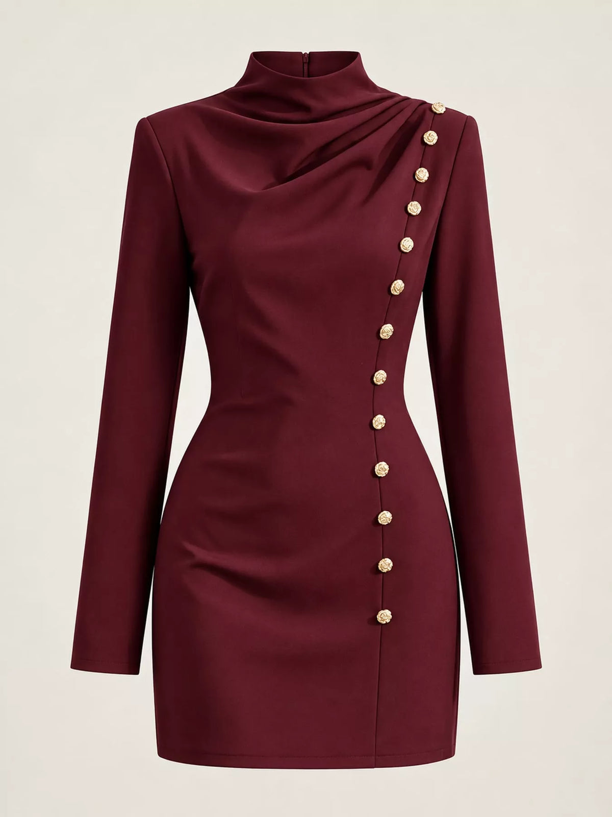 Full Size Decorative Button Mock Neck Mini Dress Plus Size - Burgundy - View 12