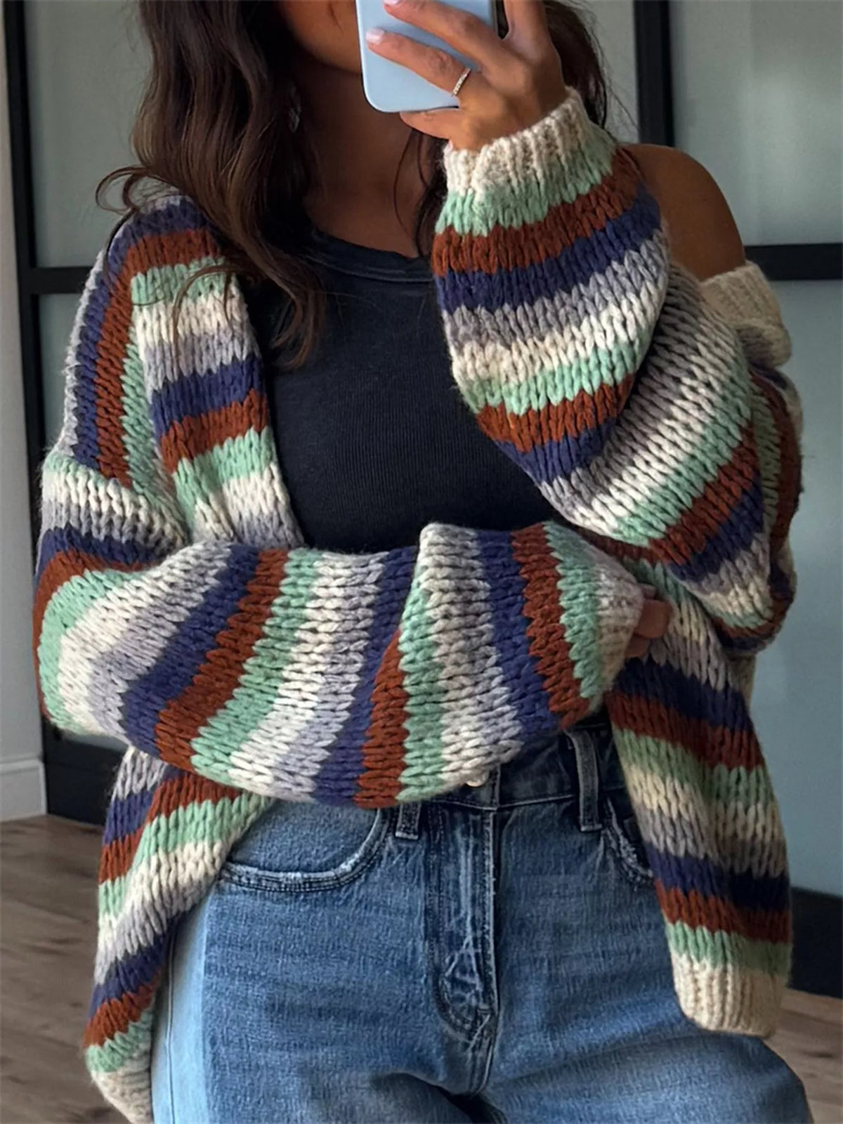 Multi-Color Striped Chunky Knit Open-Front Cardigan - Chocolate - View 1