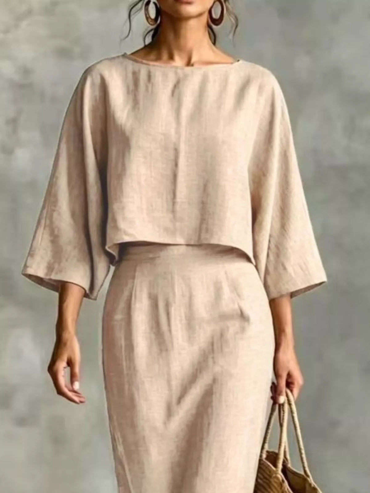 Full Size Solid Color Cropped Top and Midi Skirt Set Plus Size - Apricot - View 2