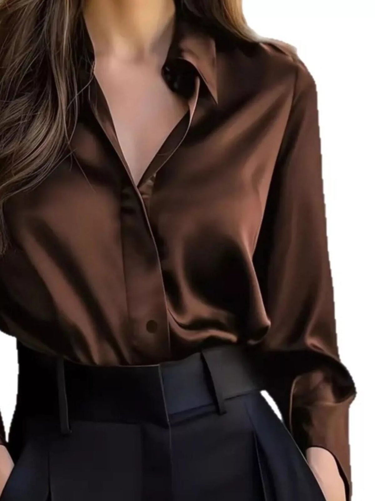 Button Down Collared Neck Long Sleeve Shirt - Coffee Brown - View 9