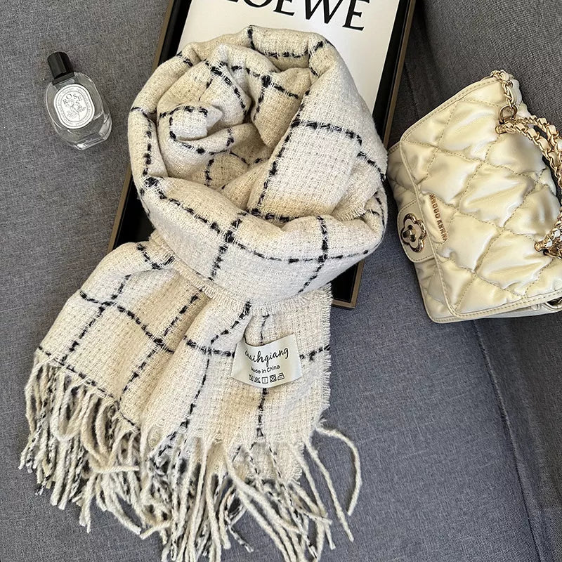 Fringe Plaid Scarf - Creamy-white - View 1