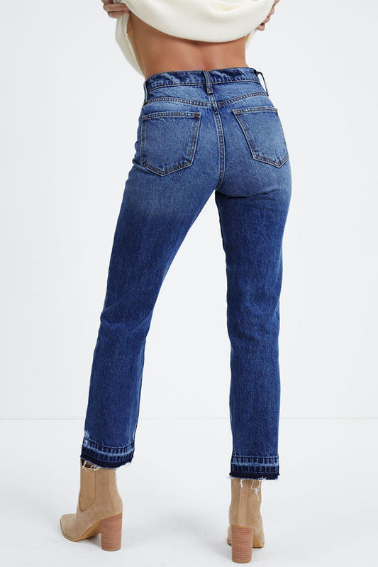 Dark Blue Whiskered Wash Raw Hem Cropped Jeans - Dark Blue - 2