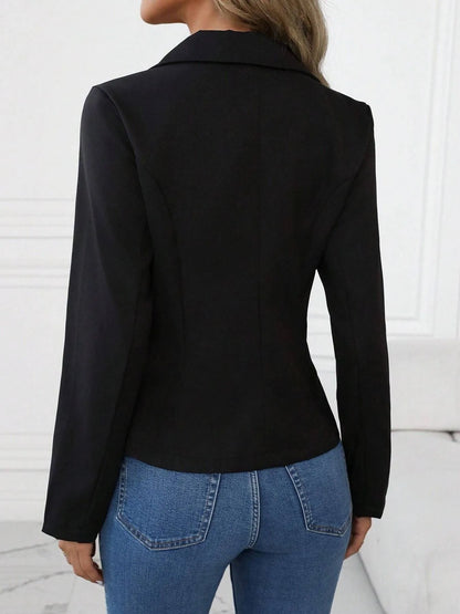 Single Button Slim Long Sleeve Blazer - Black - View 3