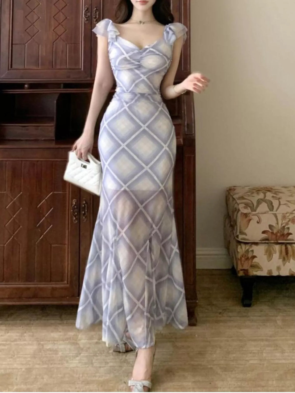 Plaid Ruffle Cap Sleeve Bodycon Maxi Dress - Blue - View 13