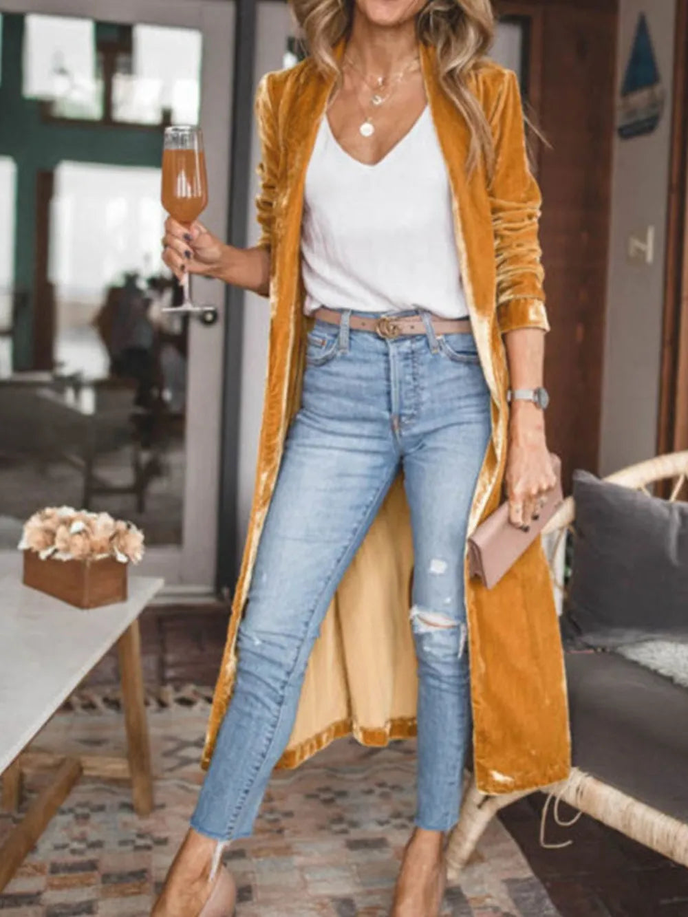 Open Front Long Sleeve Coat - Tangerine - Styled Front View