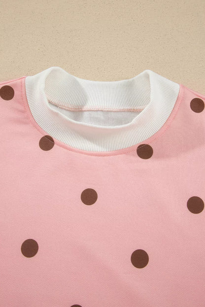 Polka Dot Long Sleeve Sweatshirt and Shorts Lounge Set - Pale Blush - View 5