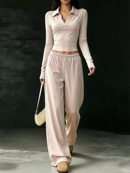 Solid Color Long Sleeve Polo Collar Top and Wide Leg Pants Set - Apricot - View 3