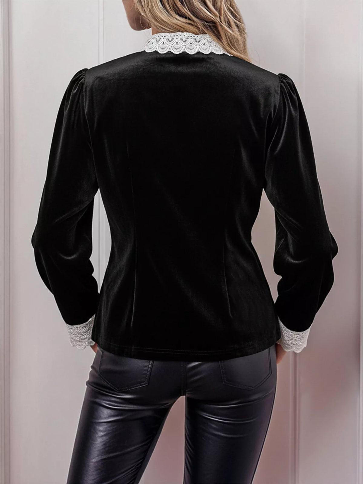 Lace Detail Long Sleeve Blouse - Black - View 6