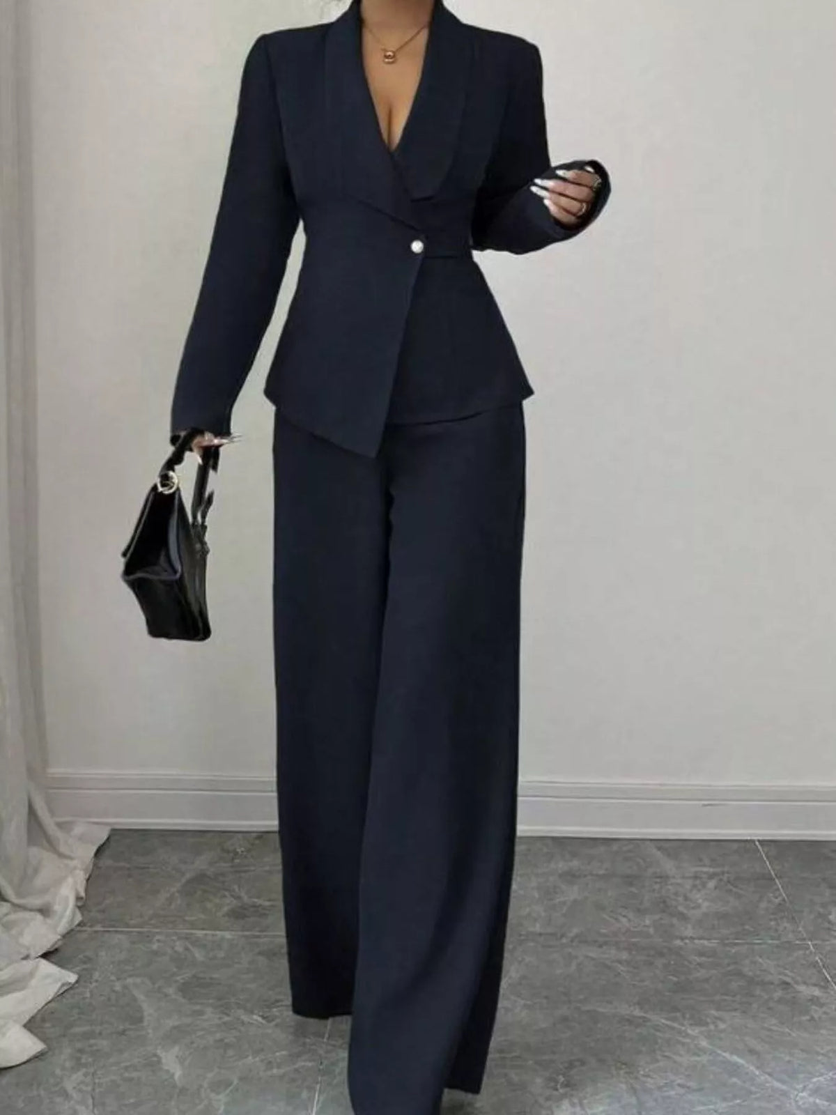 One Button Blazer and Pants Set - Navy Blue - View 7