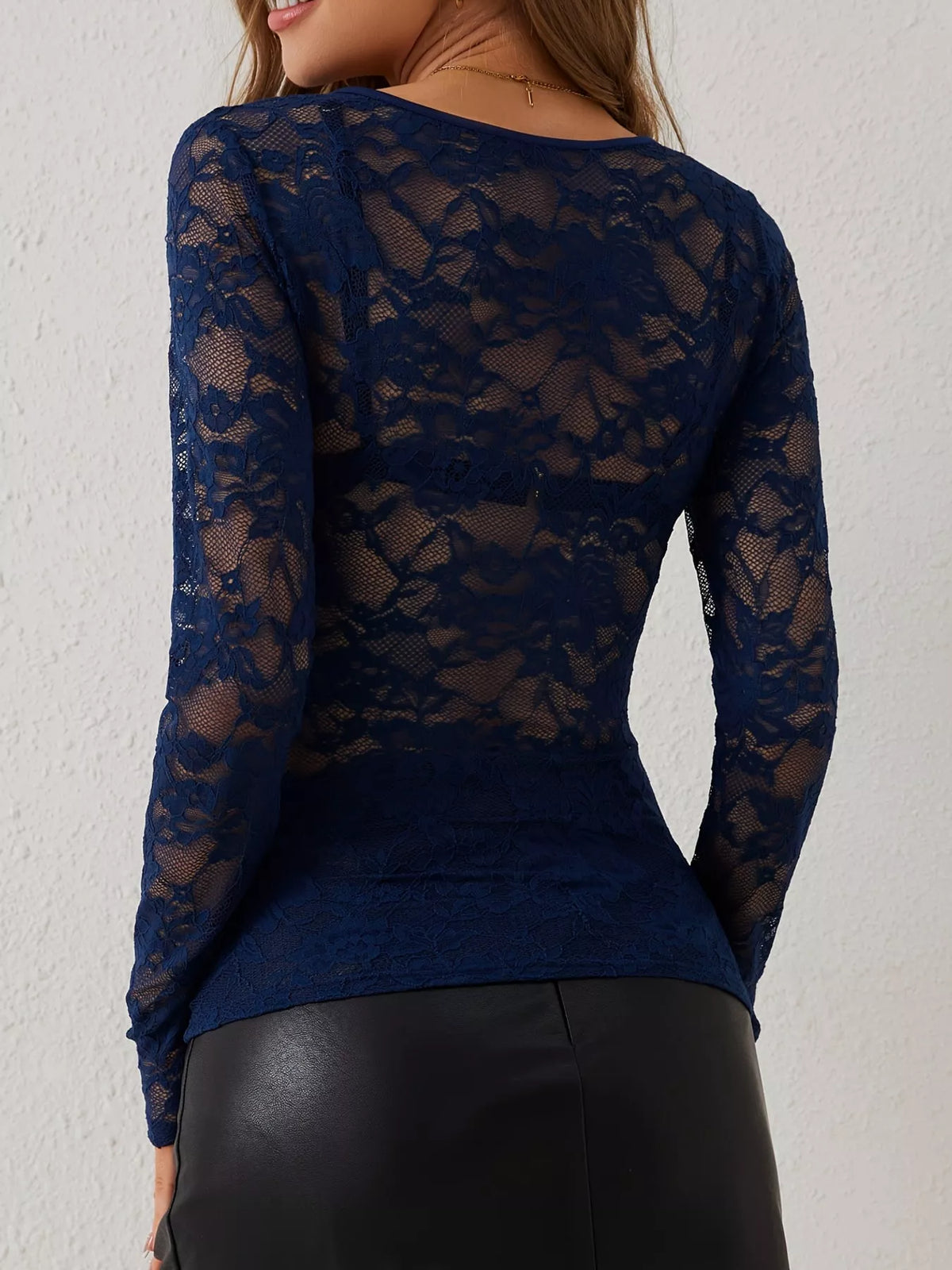 Lace V-Neck Long Sleeve Top - Navy - View 23