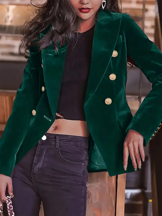 Double-Breasted Slim Blazer with Pockets - Green - View 1