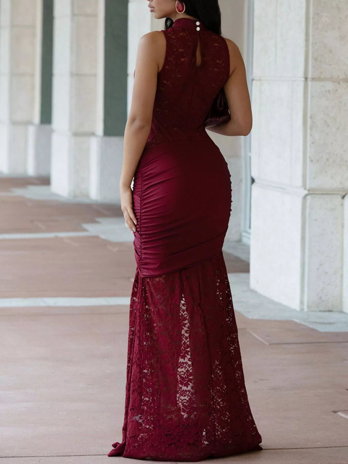 Lace Keyhole High-Slit Maxi Dress - Burgundy - View 2