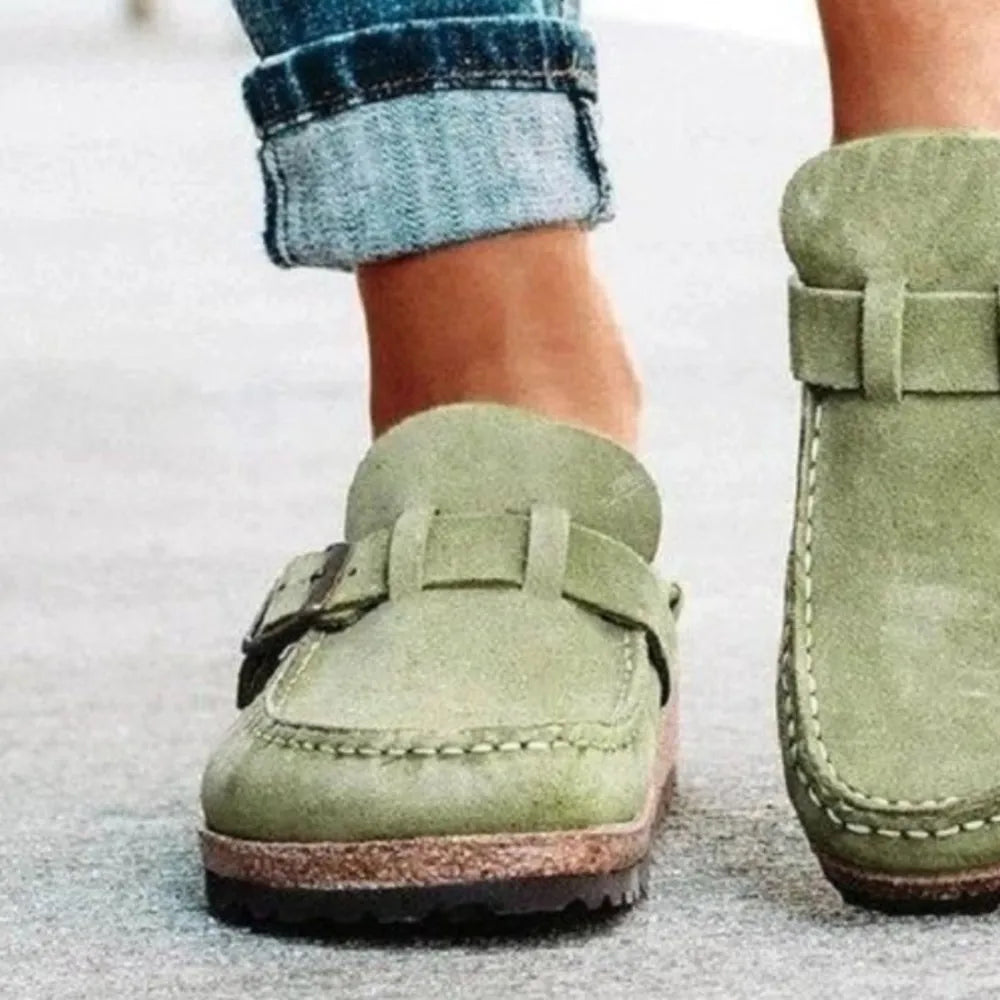 Round Toe Low Heel Buckle Loafers - Sage - View 10