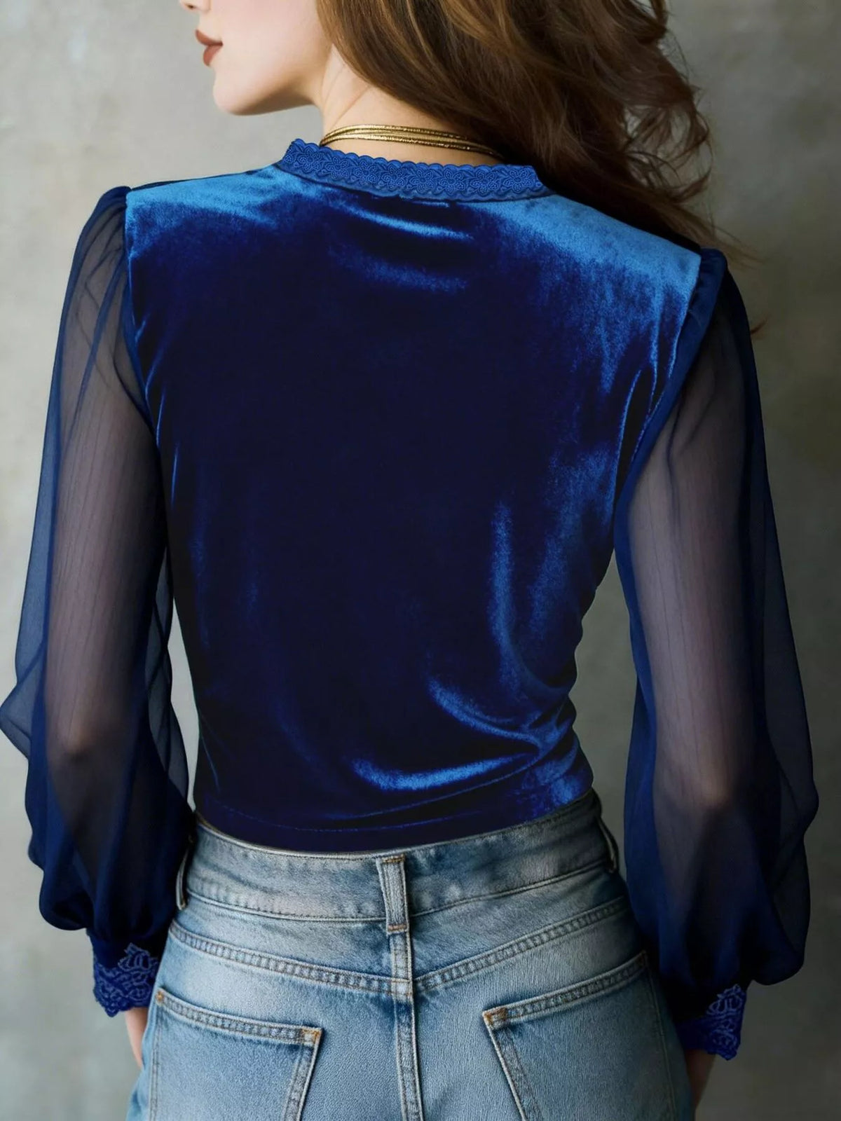 Lace Trim Sheer Long Sleeve Blouse - Navy - View 2