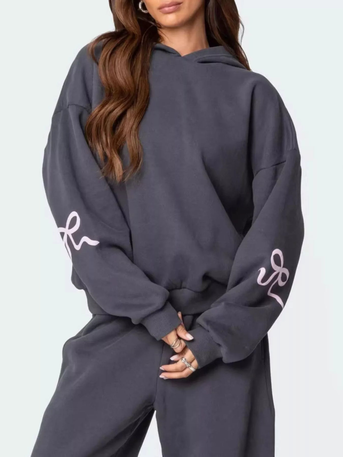 Bow and Heart Dropped Shoulder Hoodie and Pants Set - Grey - View 1