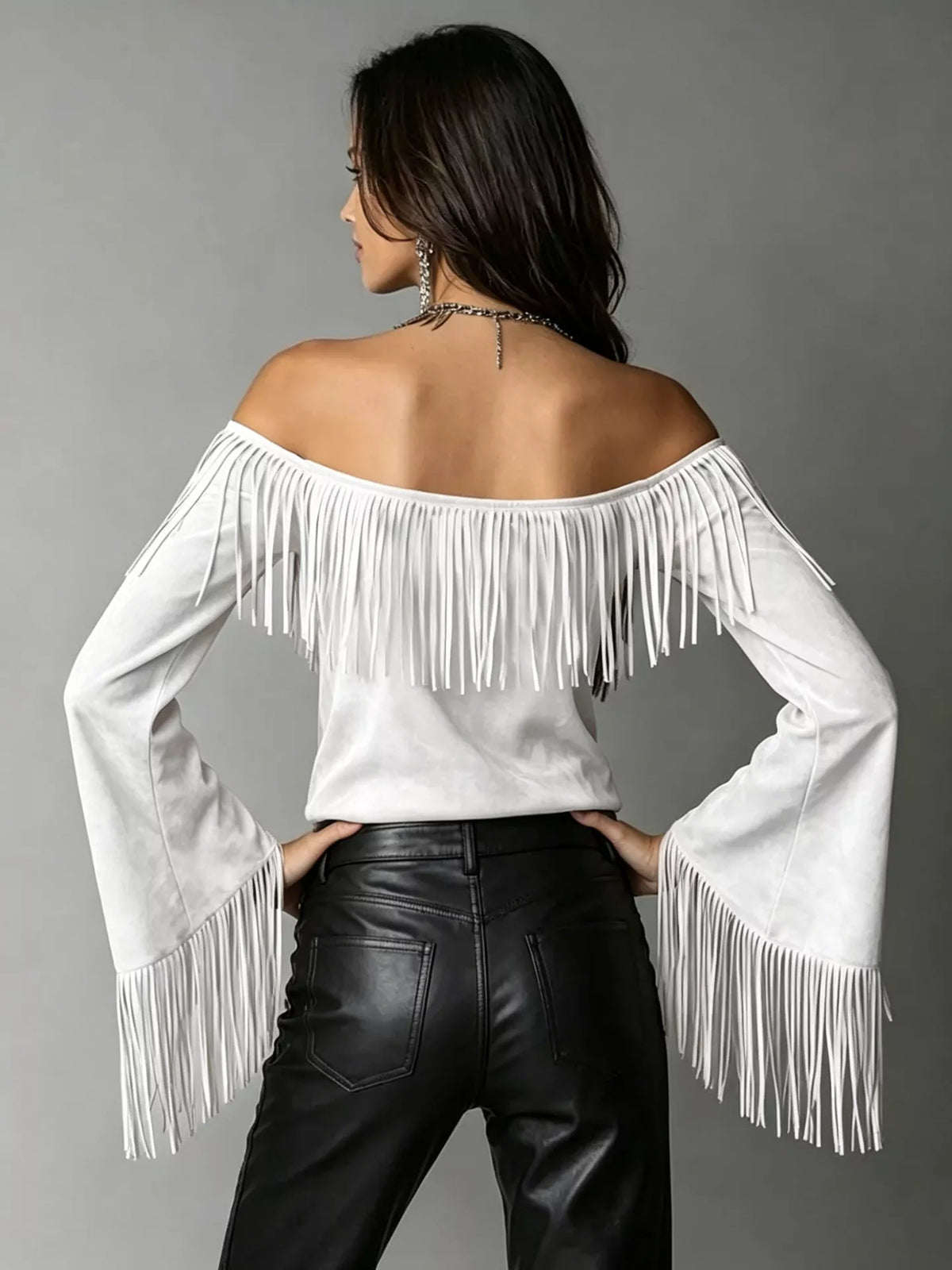 Full Size Fringed Off-Shoulder T-Shirt Plus Size - White - View 2