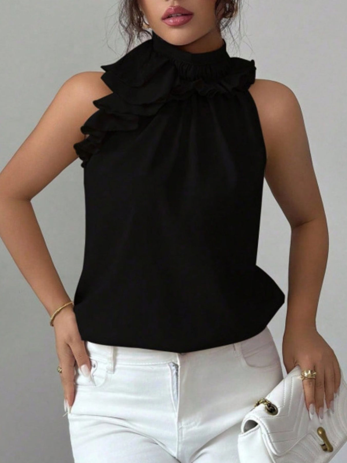 Ruffle High Neck Sleeveless Top - Black - View 24