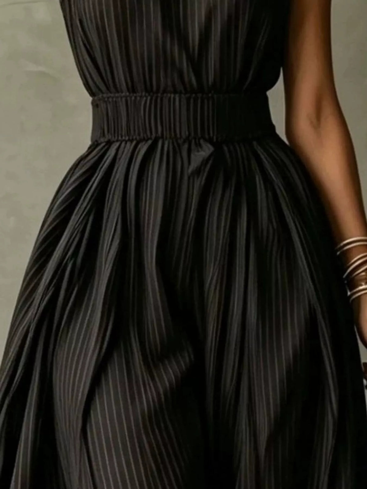 Striped Mock Neck Sleeveless Maxi Dress - Black - View 2