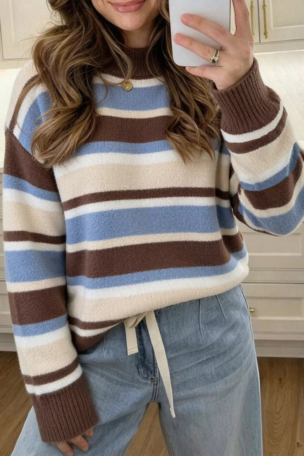 Striped Dropped Shoulder Sweater - Dark Brown - View 1
