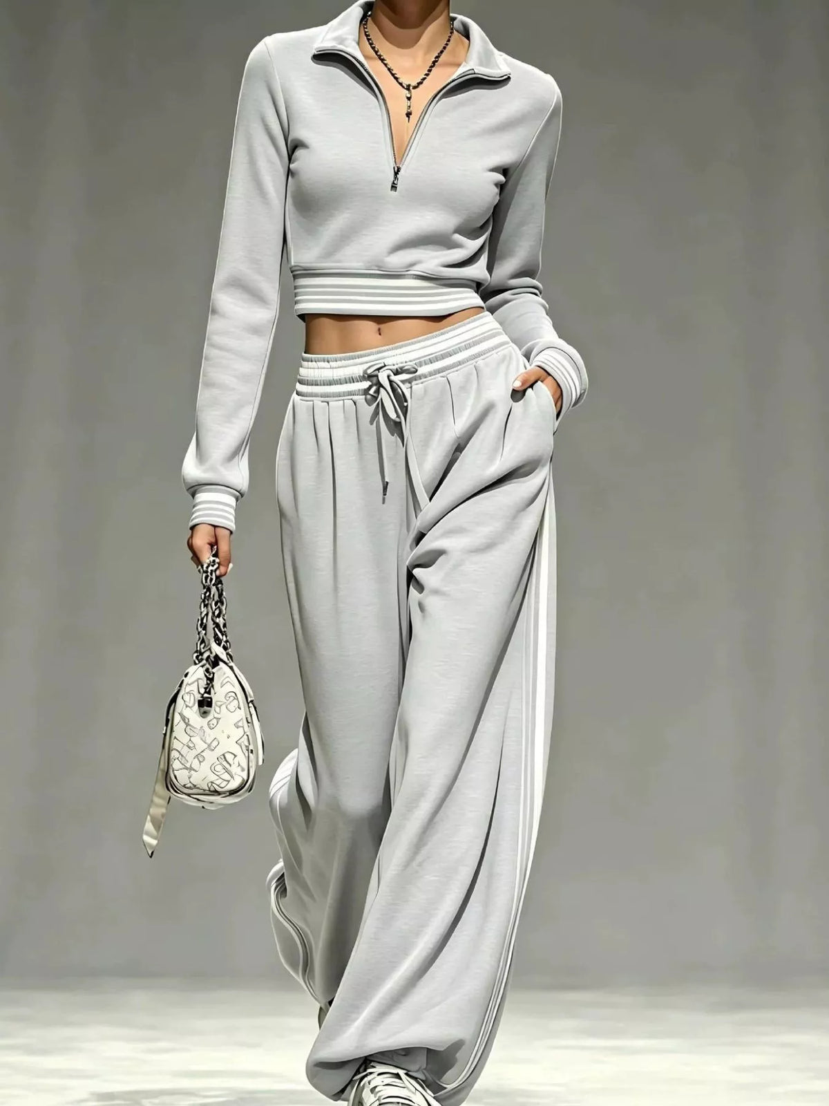 Full Size Half Zip Cropped Top and Pants Set Plus Size - Light Gray - View 1