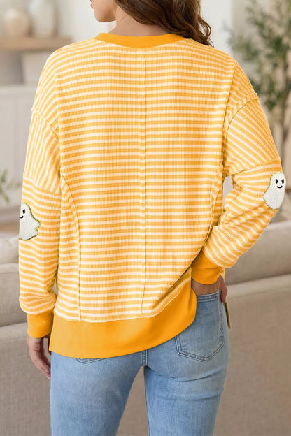Stripe Halloween Ghost Patch Round Neck Long Sleeve Top - Sherbet - View 2
