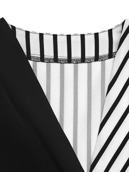 Striped Color Block Surplice Shirt - Black - View 8
