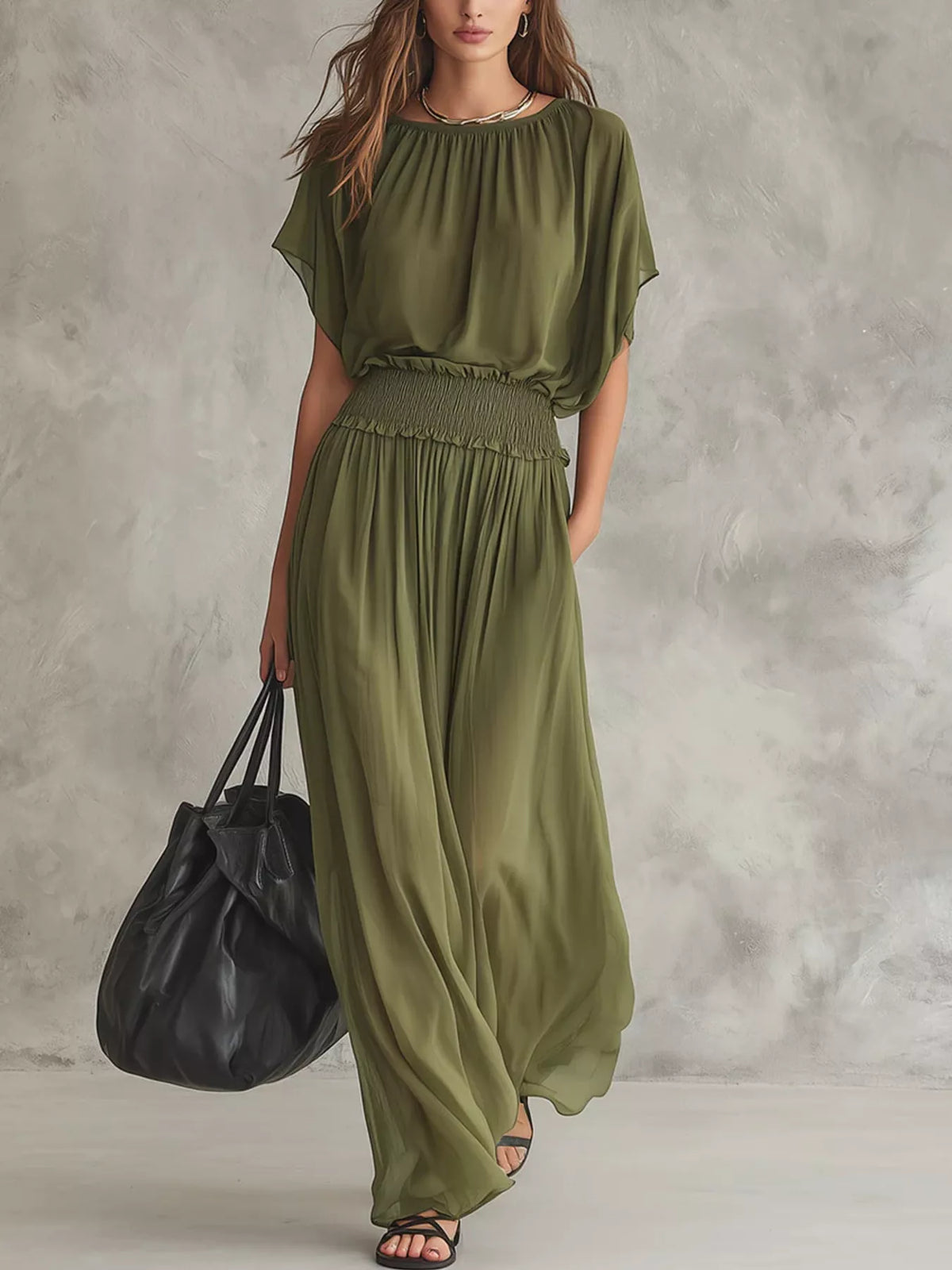 Chiffon Maxi Dress with Smocked Waist - Army Green - View 1