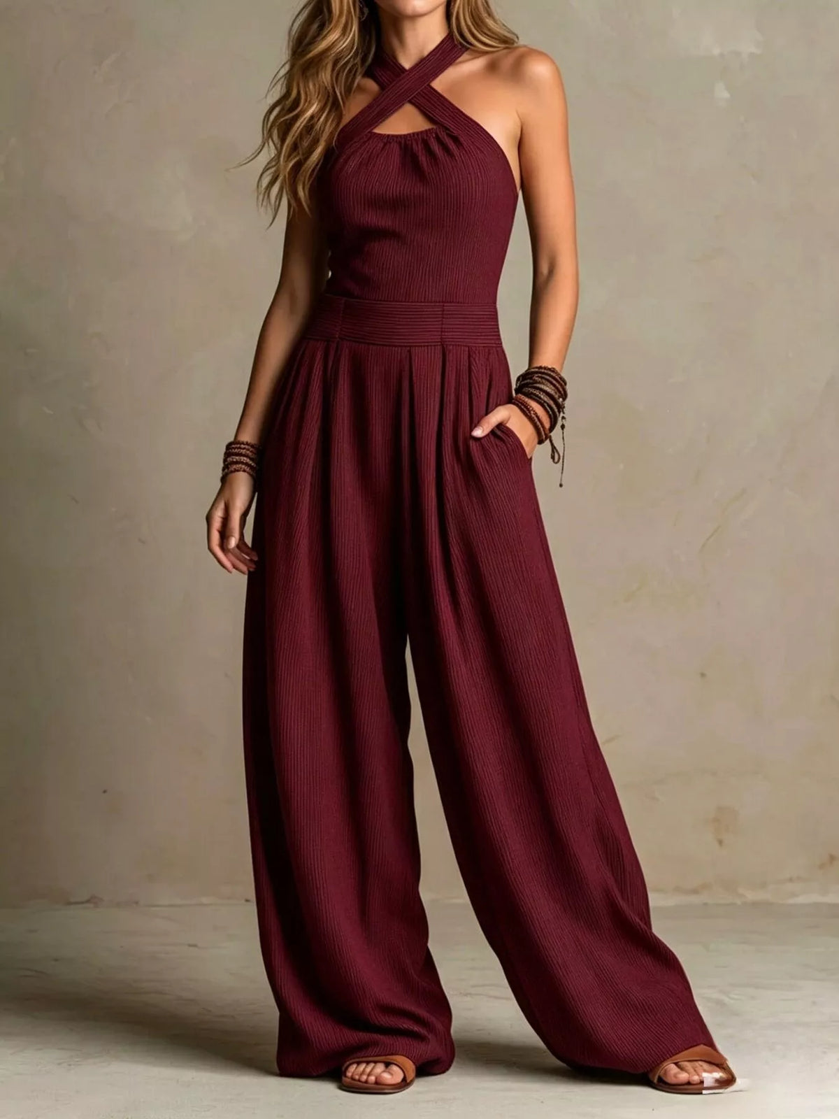 Halter Neck Wide-Leg Jumpsuit with Pockets - Burgundy - View 1