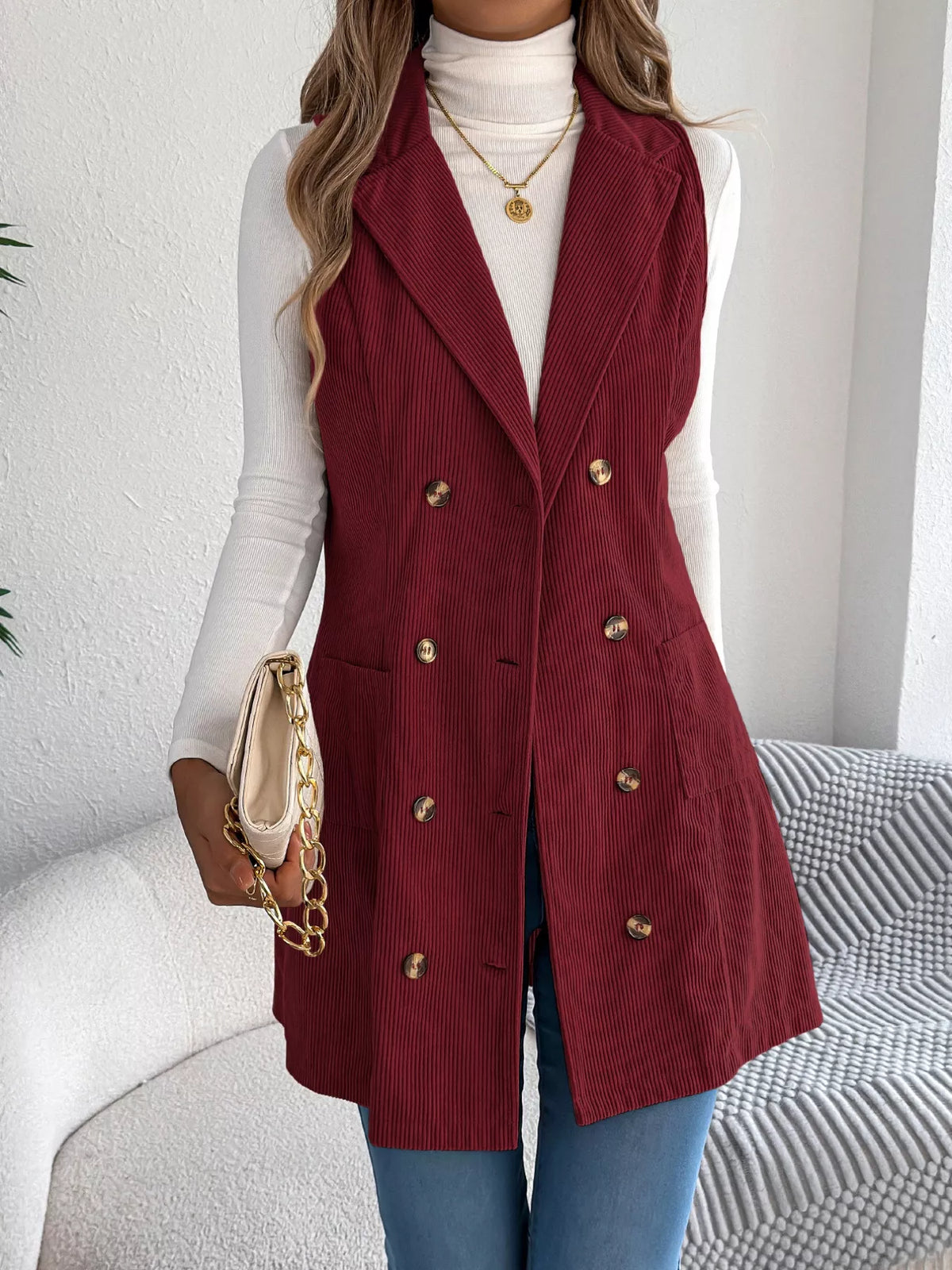 Double-Breasted Long Vest Coat - Burgundy - View 11