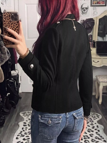 Decorative Button Zip Up Outerwear - Black - View 5