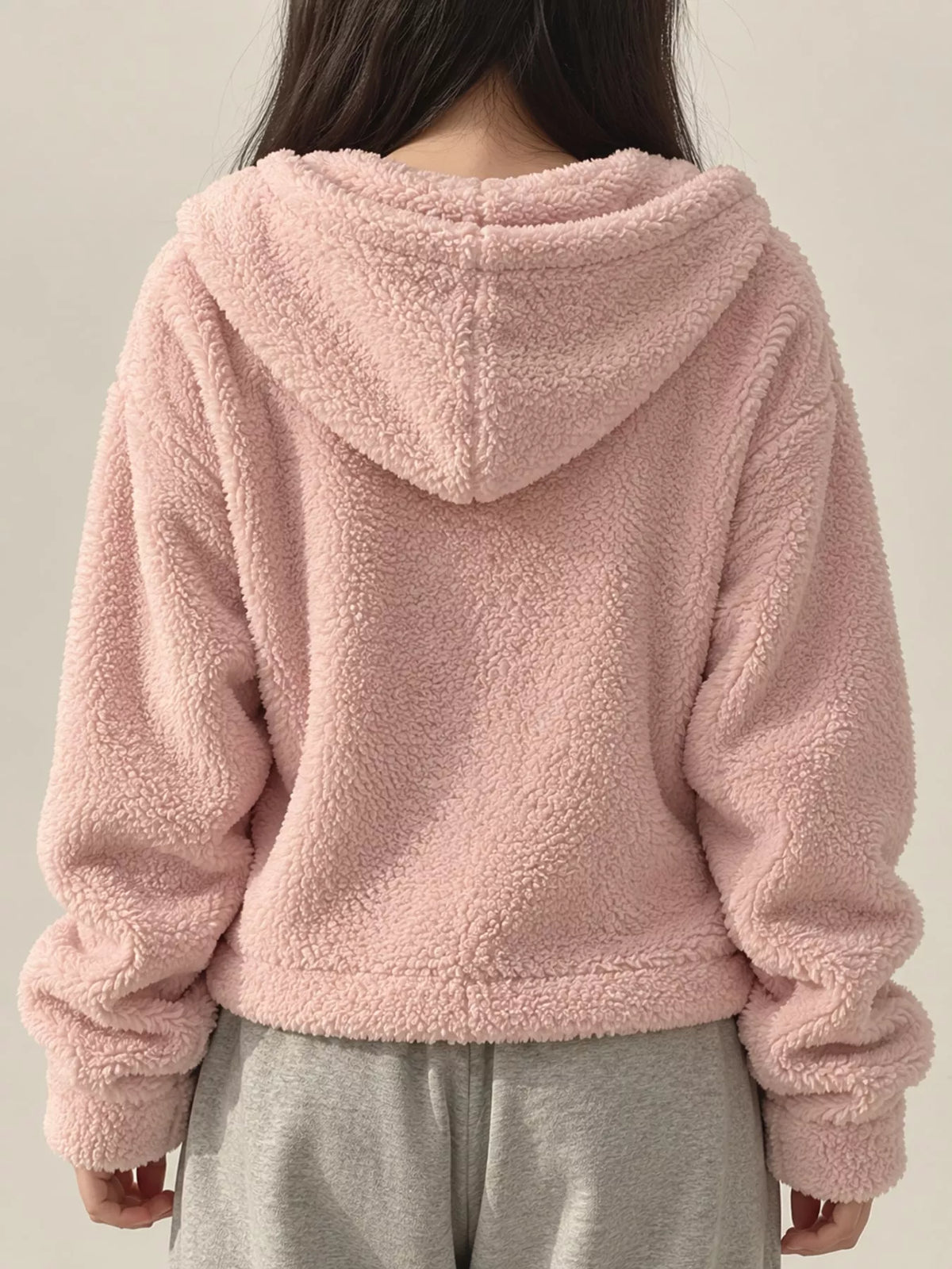 Oversized Sherpa Zip-Up Hoodie - Pink - View 11