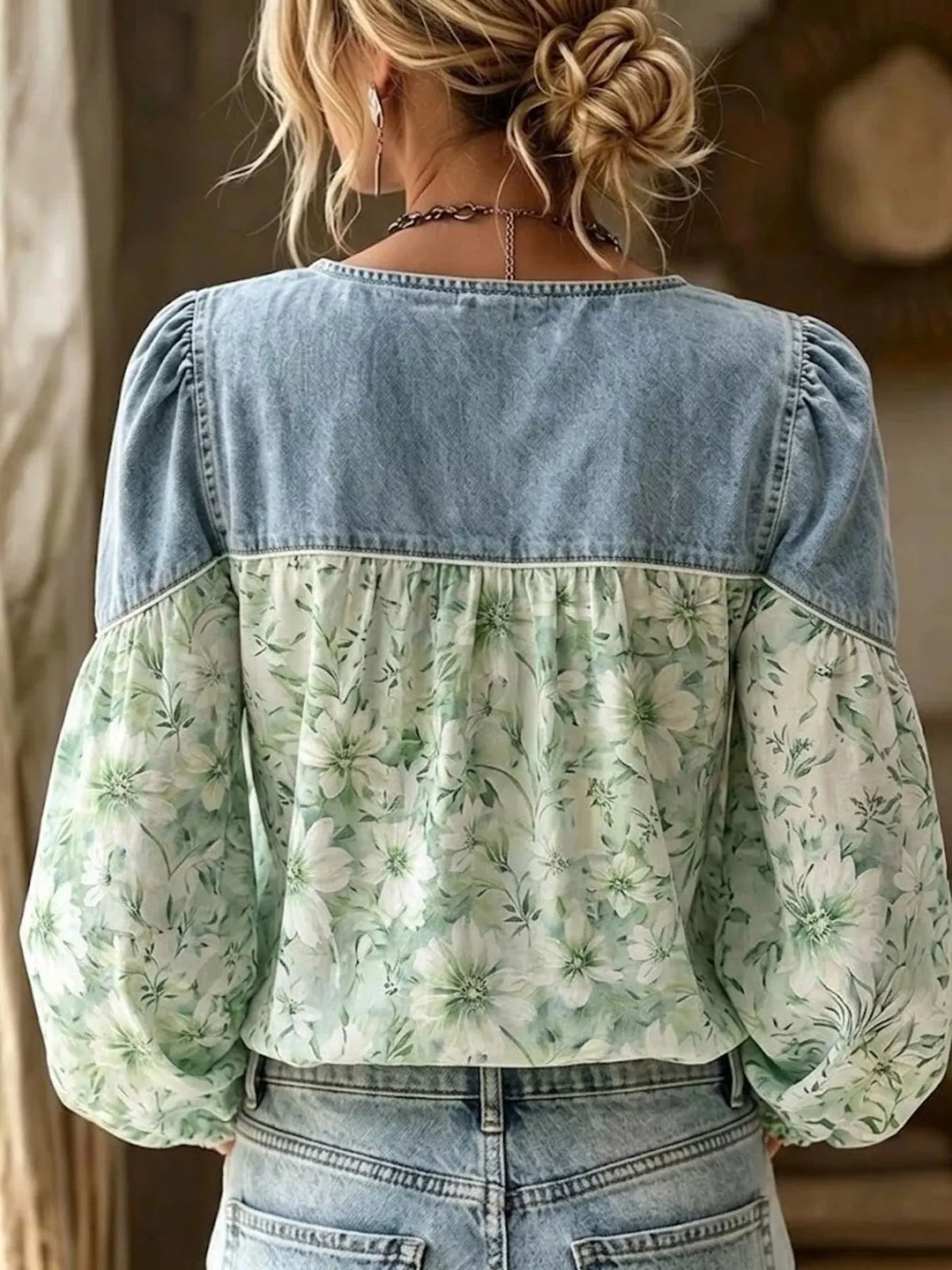 Full Size Denim Patchwork Floral Denim Top Plus Size - Green - View 2