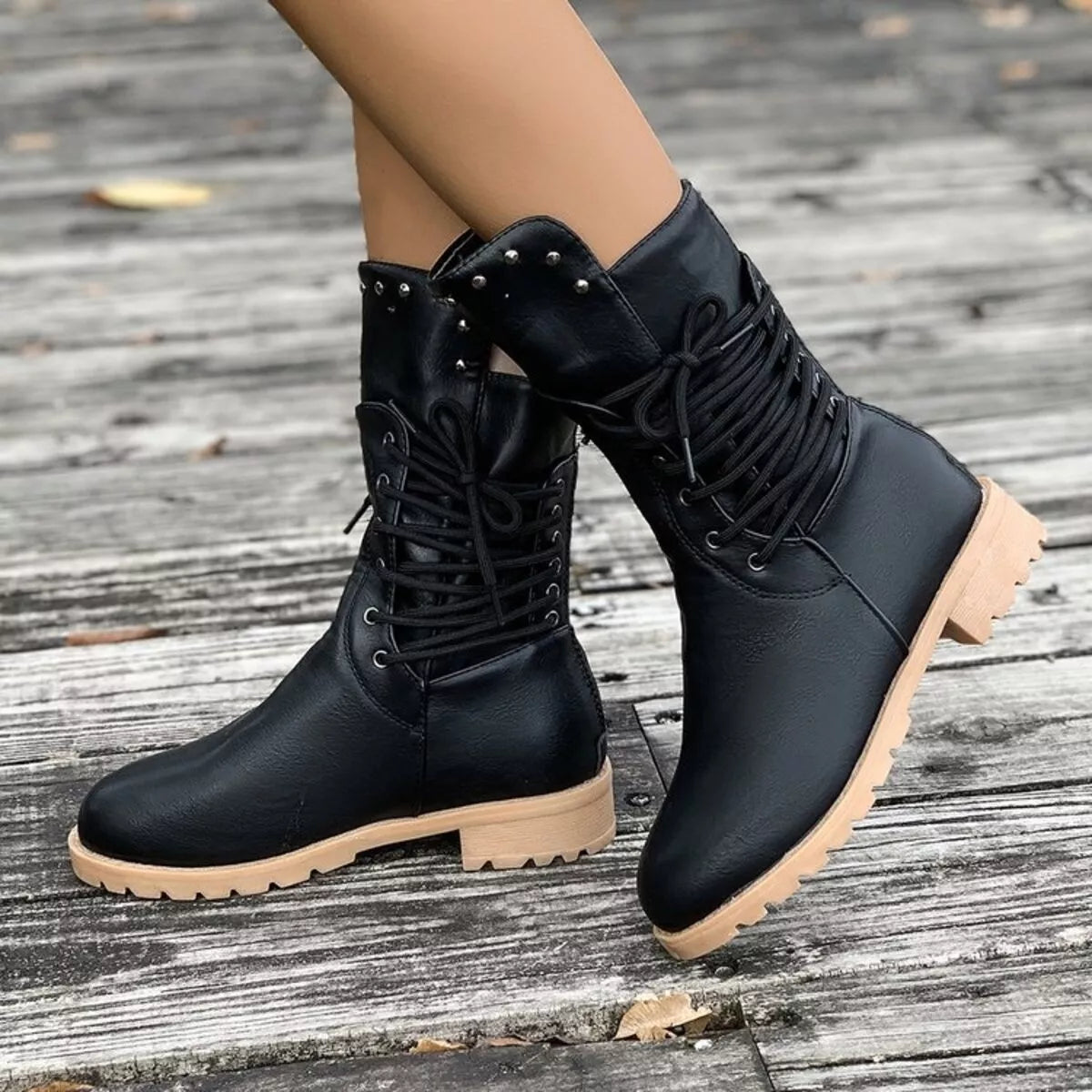 Lace Up Block Heels Boots - Black - View 2