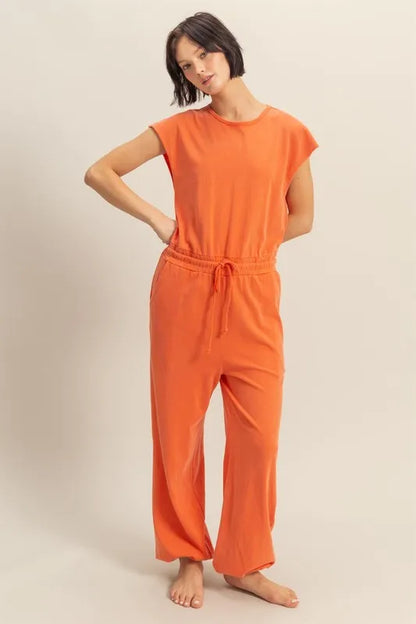 HYFVE Back Keyhole Round Neck Cap Sleeve Drawstring Jumpsuit - Orange - View 4