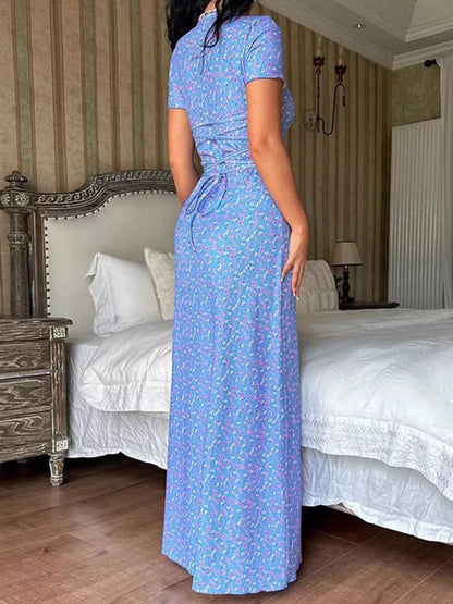 Floral Print Short Sleeve Maxi Dress - Blue - View 3