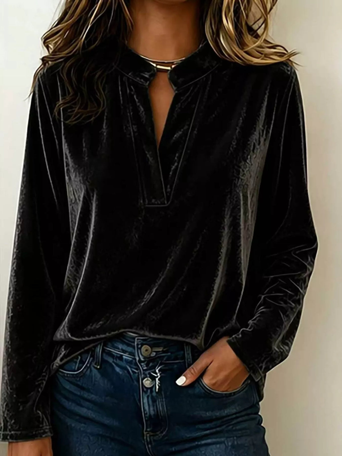 Full Size Velvet Notched Long Sleeve Blouse Plus Size - Black - View 1