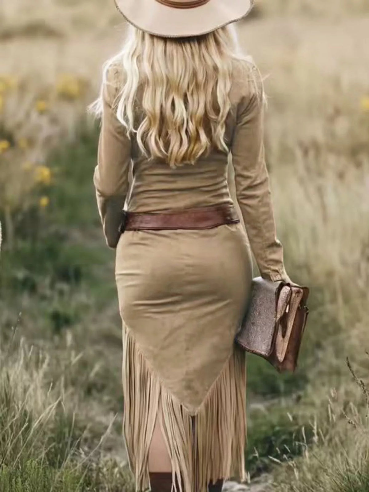 Fringed Zip-Front Bodycon Dress - Camel - View 2