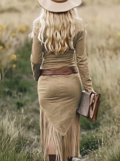 Fringed Zip-Front Bodycon Dress - Camel - View 2