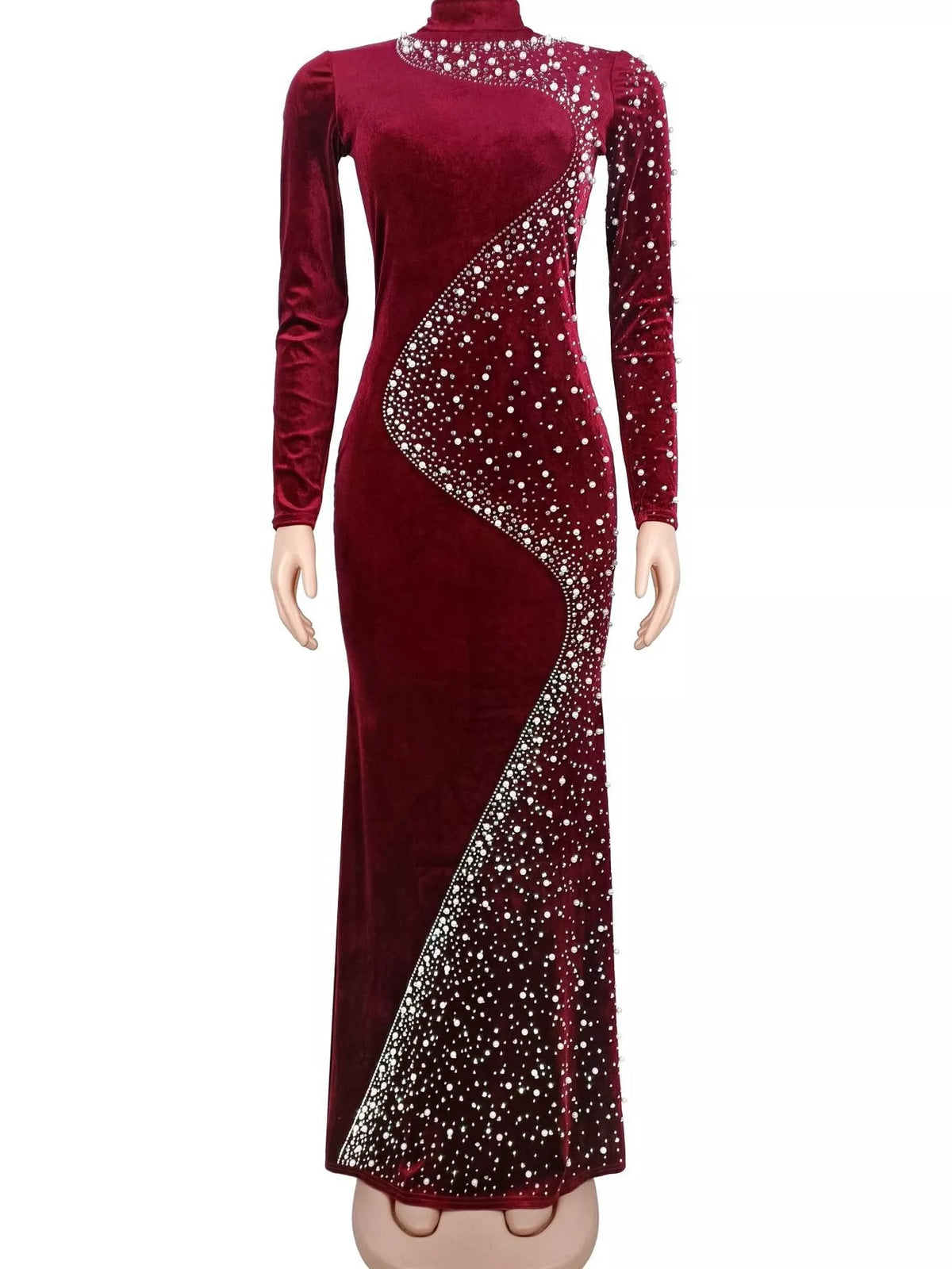 Rhinestone Embellished Velvet Mermaid Evening Maxi Dress - Burgundy - View 3