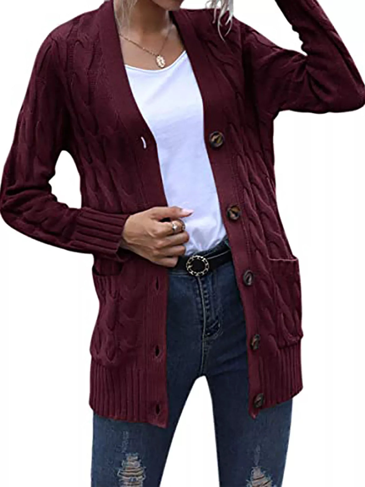 Full Size Chunky Cable Knit Button-Down Cardigan Plus Size - Dark Red - View 1