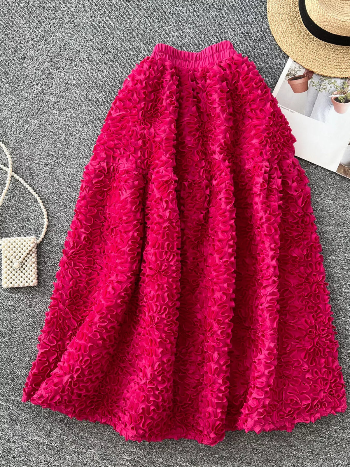 Elegant 3D Lace Trim High‑Waist A‑Line Midi Skirt - Rose Red - View 1