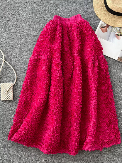 Elegant 3D Lace Trim High‑Waist A‑Line Midi Skirt - Rose Red - View 1