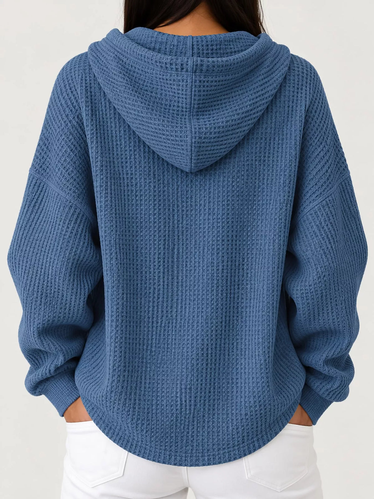 Full Size Waffle Knit Button Detail Hoodie Plus Size - Navy Blue - View 47