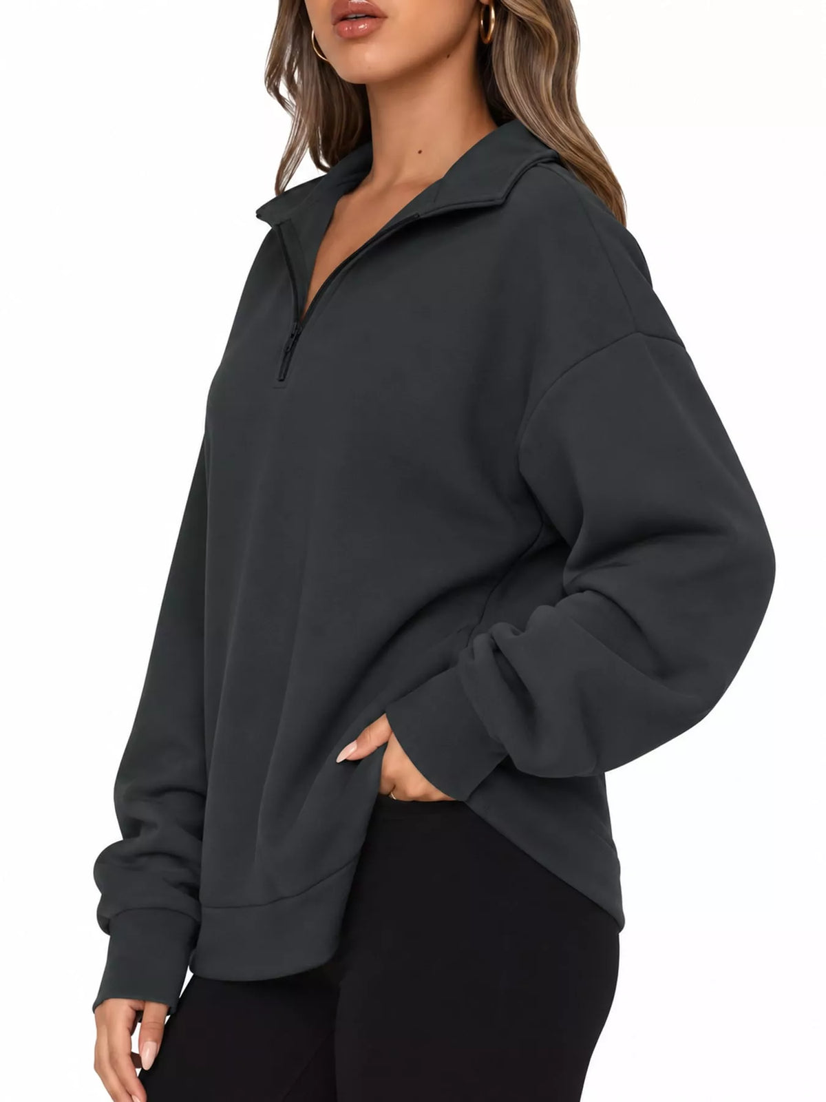 Full Size Quarter-Zip Dropped Shoulder Sweatshirt Plus Size - Dark Gray - View 6